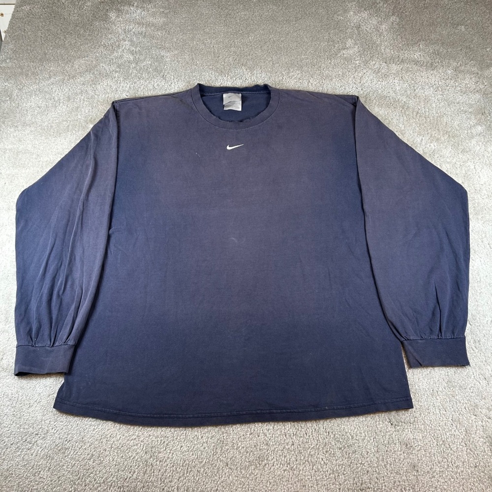Vintage 90s Nike Long Sleeve T-Shirt Mens L Navy Blue Center Swoosh Distressed